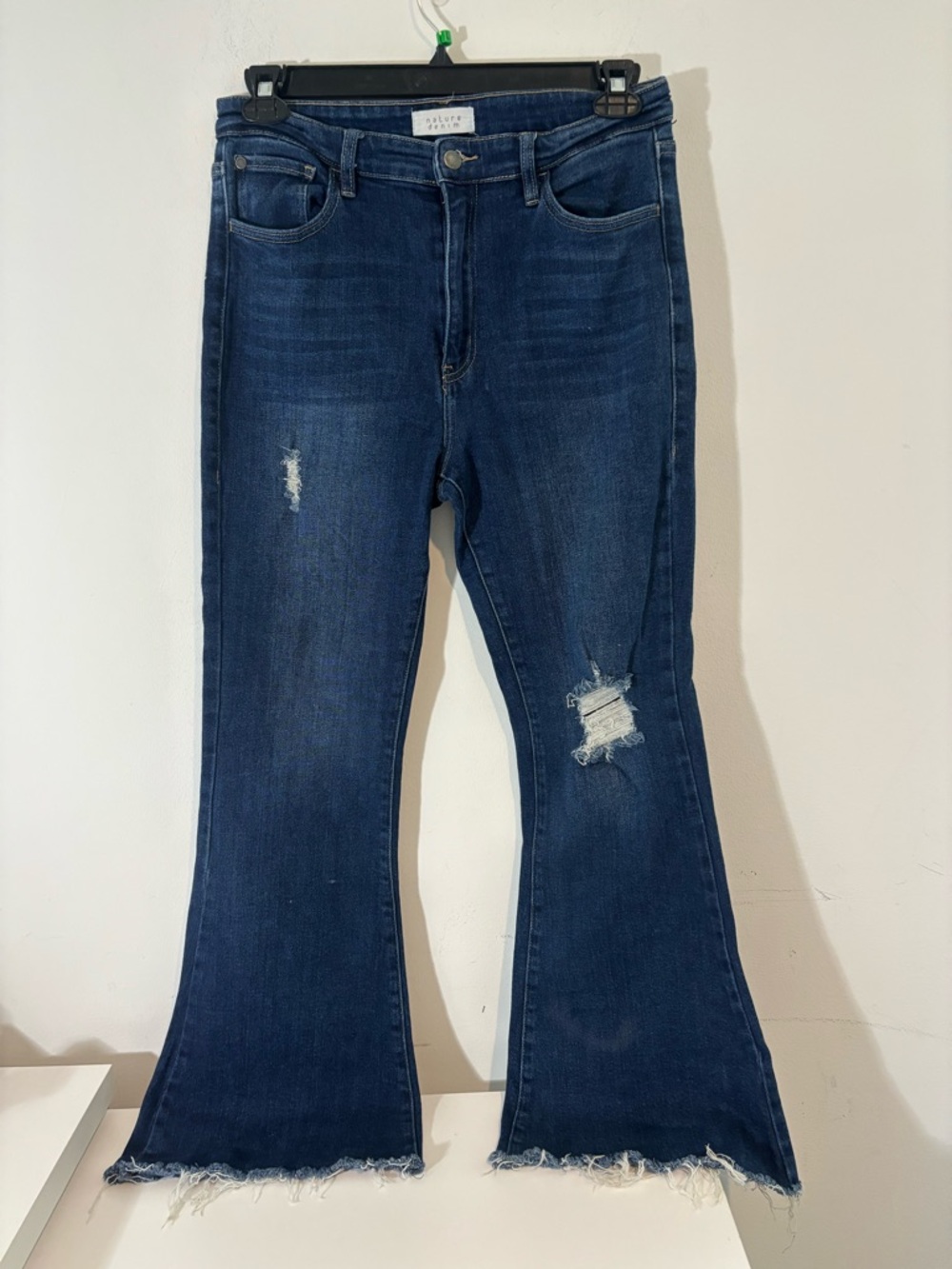 Nature Denim Women Size 13/30 Distressed Dark Blue Flare Jeans Casual